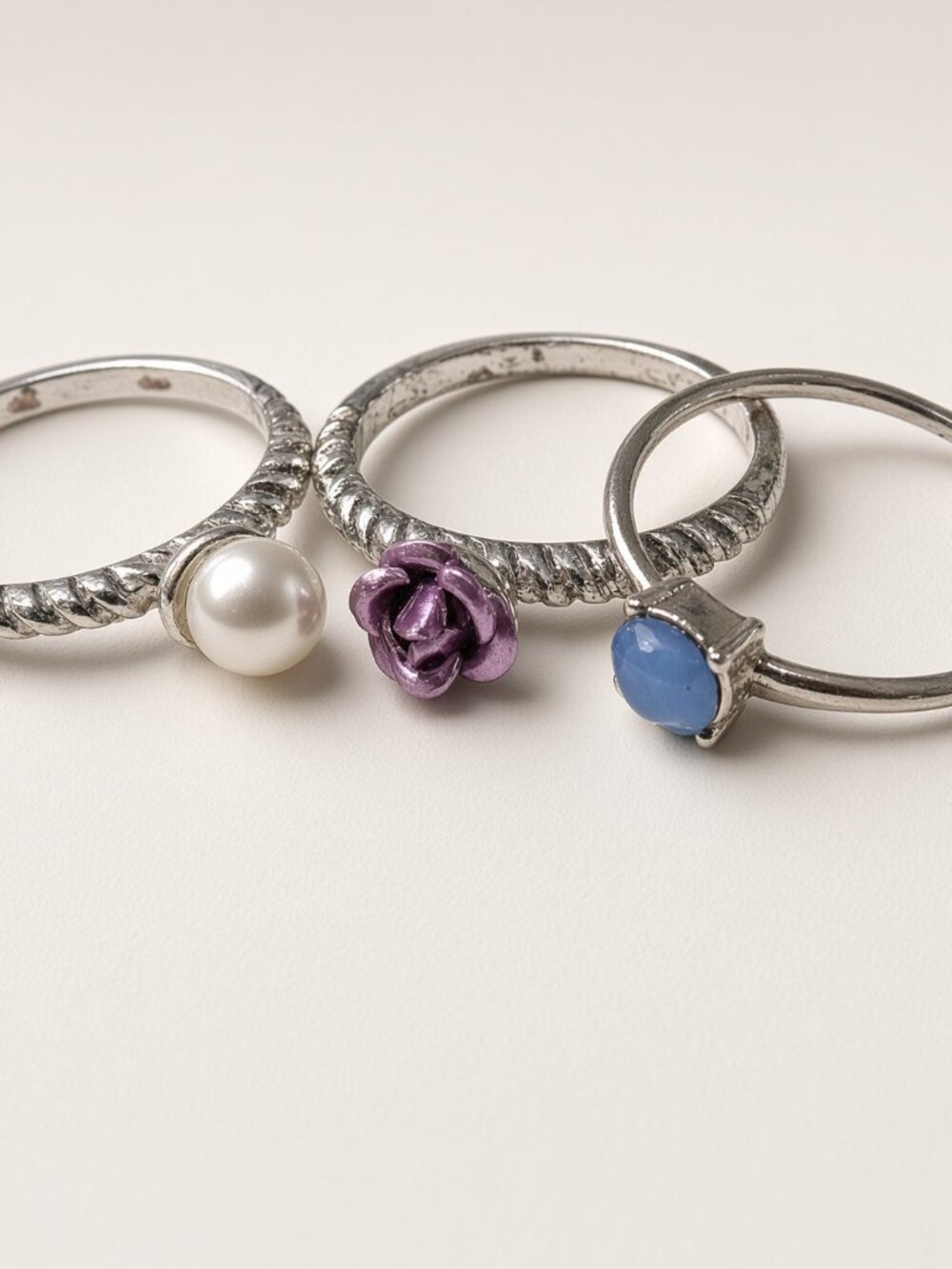 Dress Up Stack Fashion Set of 3 Silver Tone Rings Vintage DIY Supply